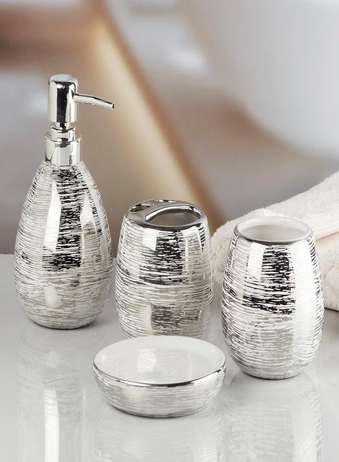 Kookee Ceramic Bathroom Set - Stylish 4 Piece Bath Accessories Kit with Soap Dispenser, Toothbrush Holder, Tumbler & Soap Dish - Modern & Designer Decor for Home & Guest Bathrooms, Silver (9751) - Image 1